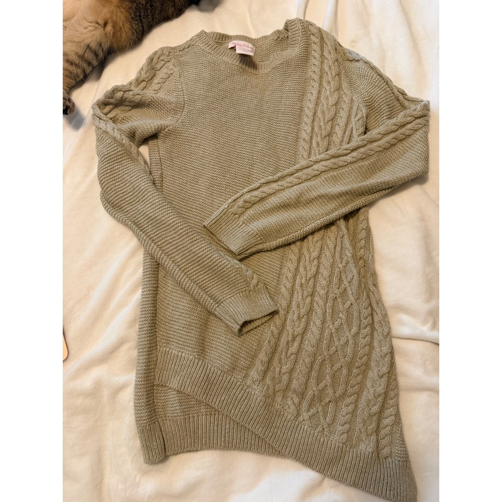 Tommy Bahama Girls Tan Cable Knit Asymmetrical Shimmer Sweater Size L 10/12
